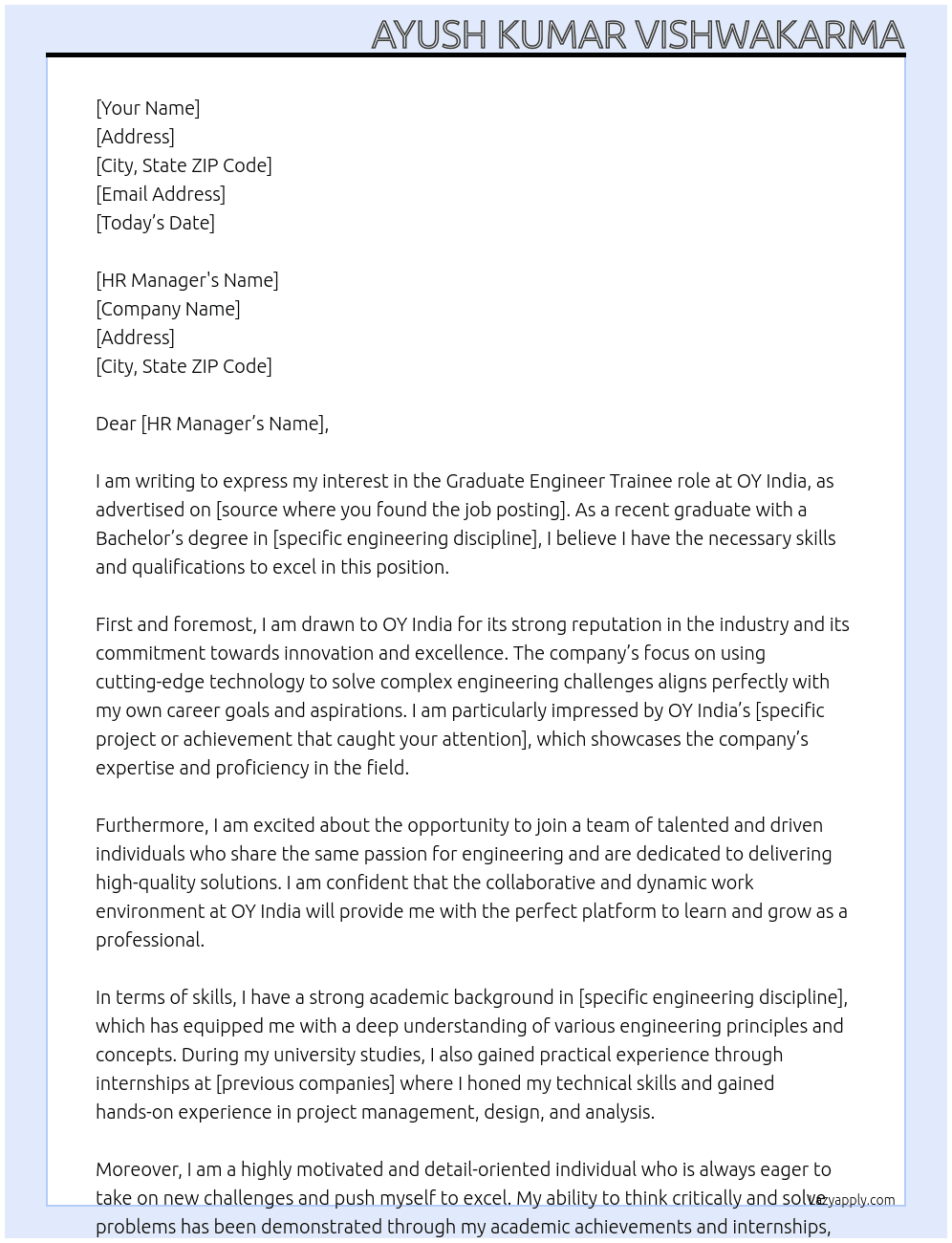 Graduate Engineer  At OY India Cover Letter