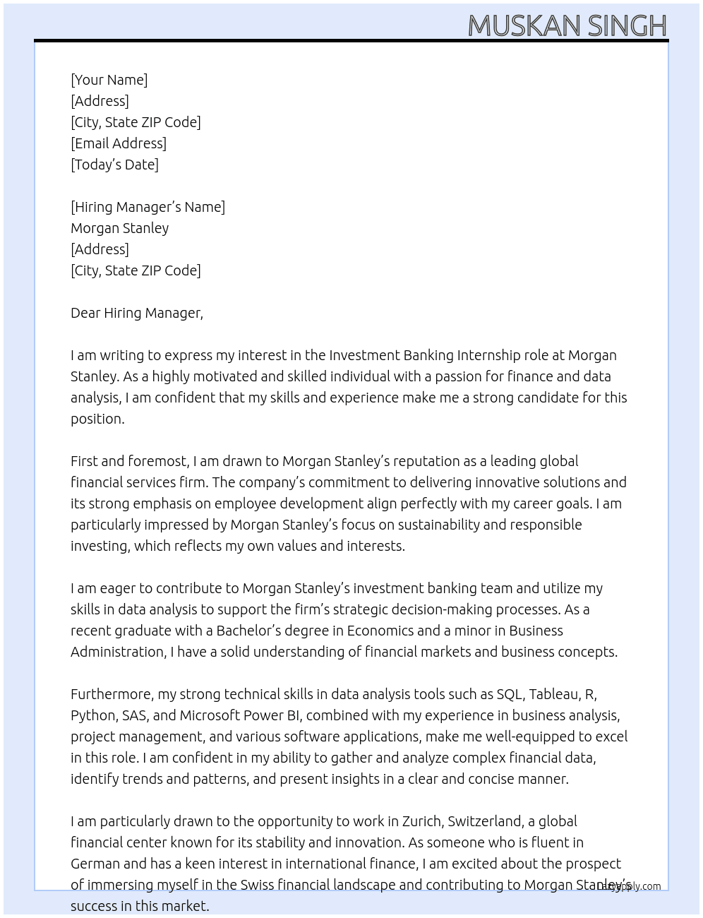 Investment banking At Morgan Stanley Cover Letter