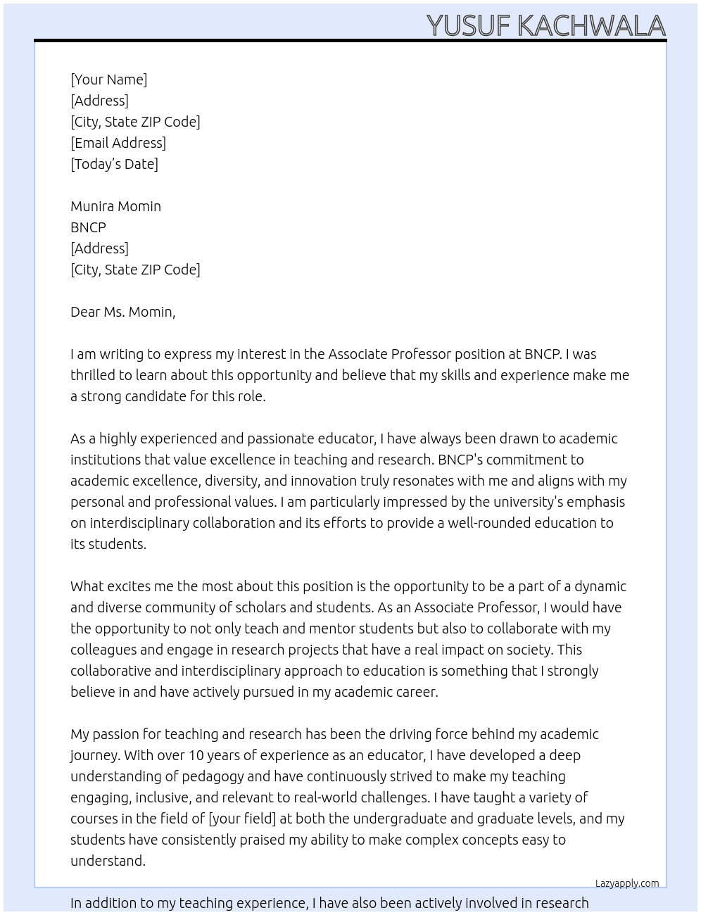 associate professor At BNCP Cover Letter