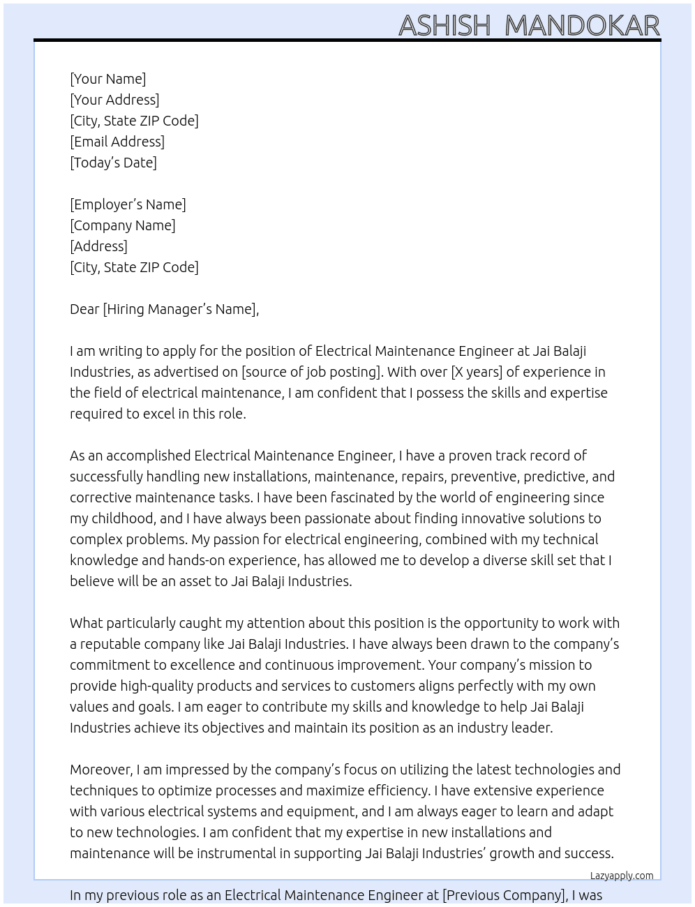 Electrical Maintenance Engineer  At Jai Balaji Industries Cover Letter