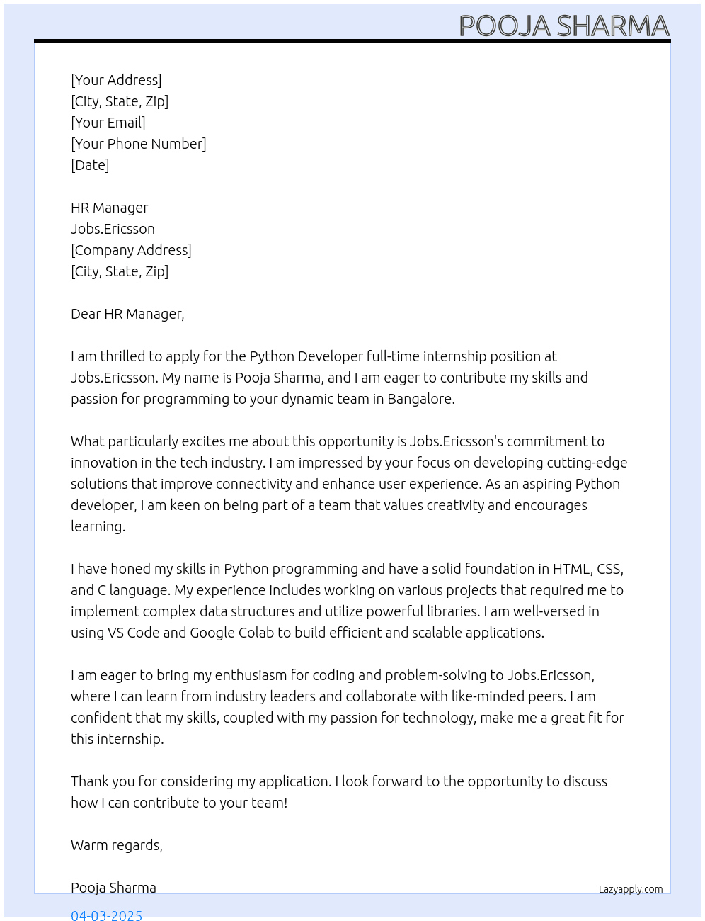 Python developer  At Jobs.Ericsson  Cover Letter