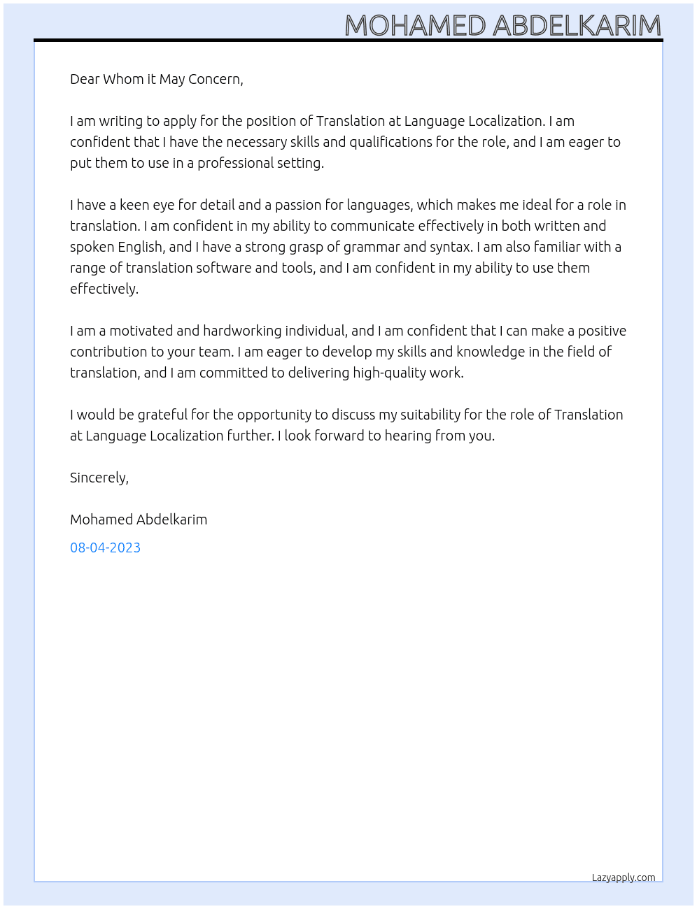 Translation At Language Localization Cover Letter