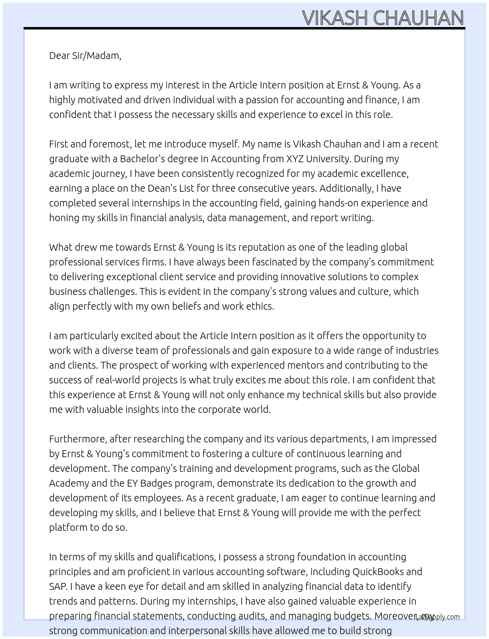 Article intern  At Ernst& young  Cover Letter