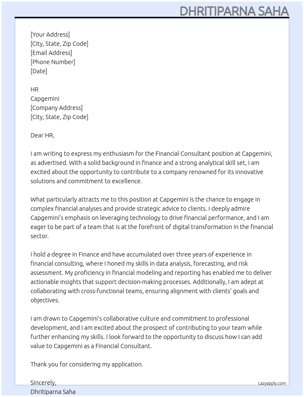 Financial consultant  At Capegemini Cover Letter
