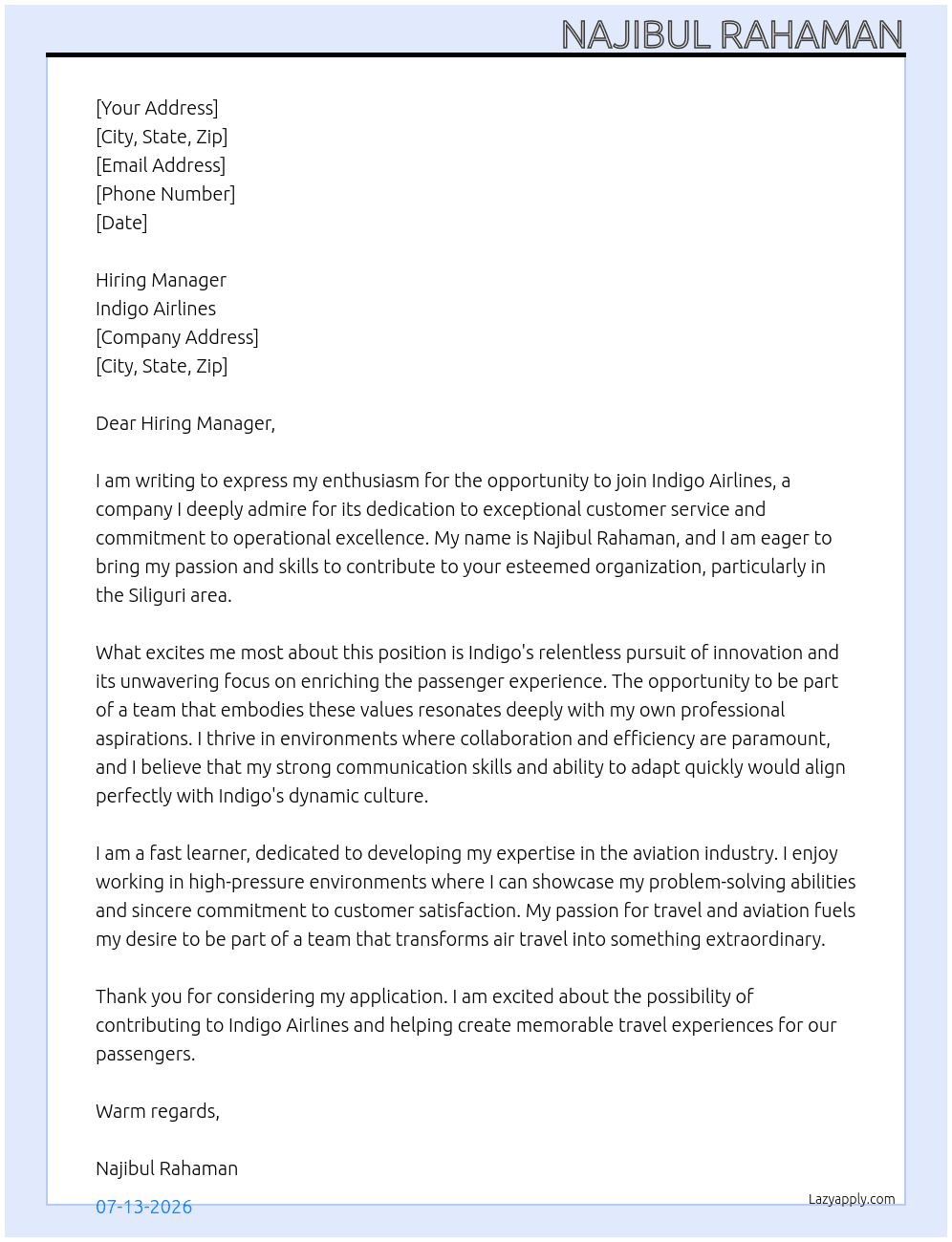 Cover letter for indigo airlines - LazyApply