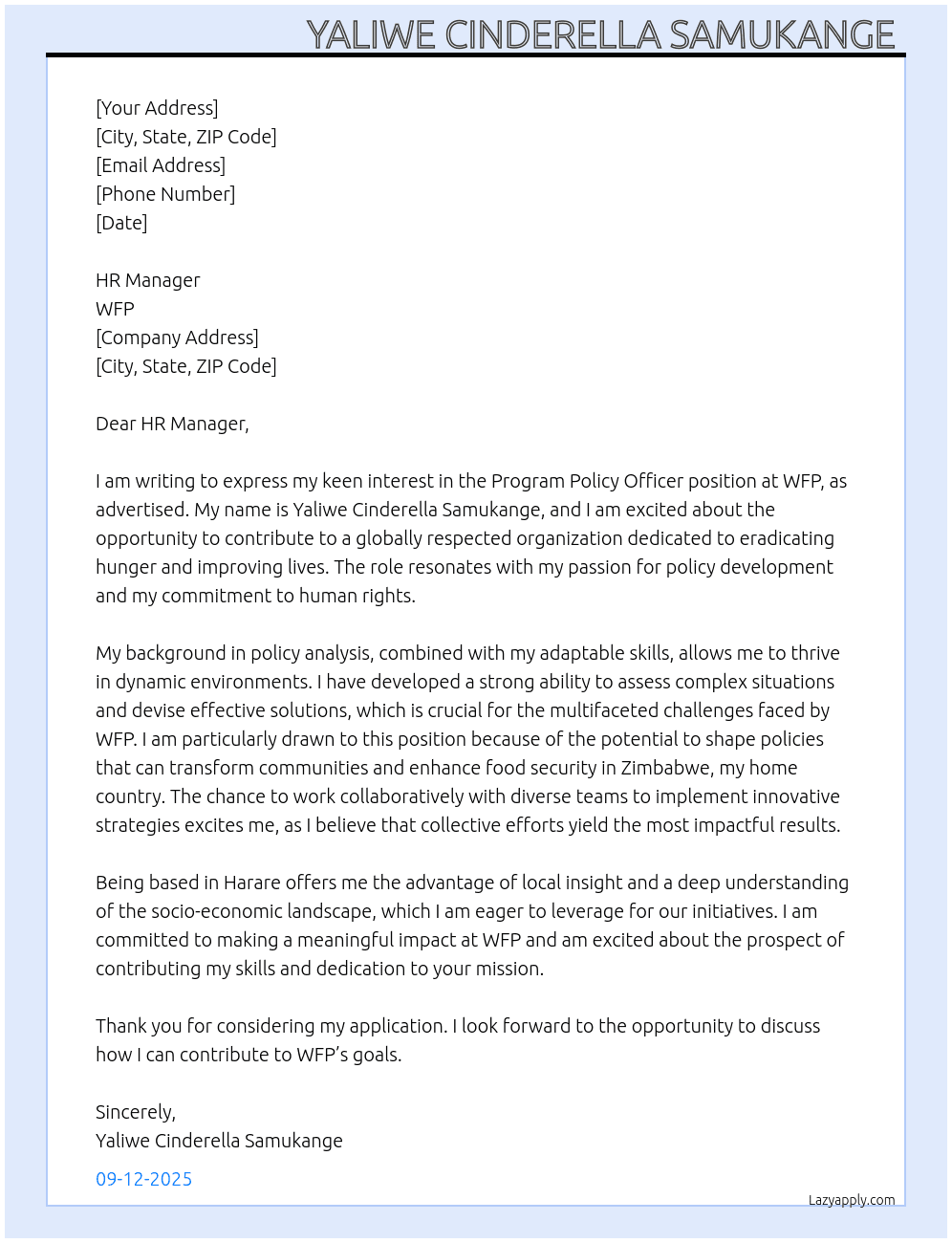 Program policy officer wfp  At WFP Cover Letter