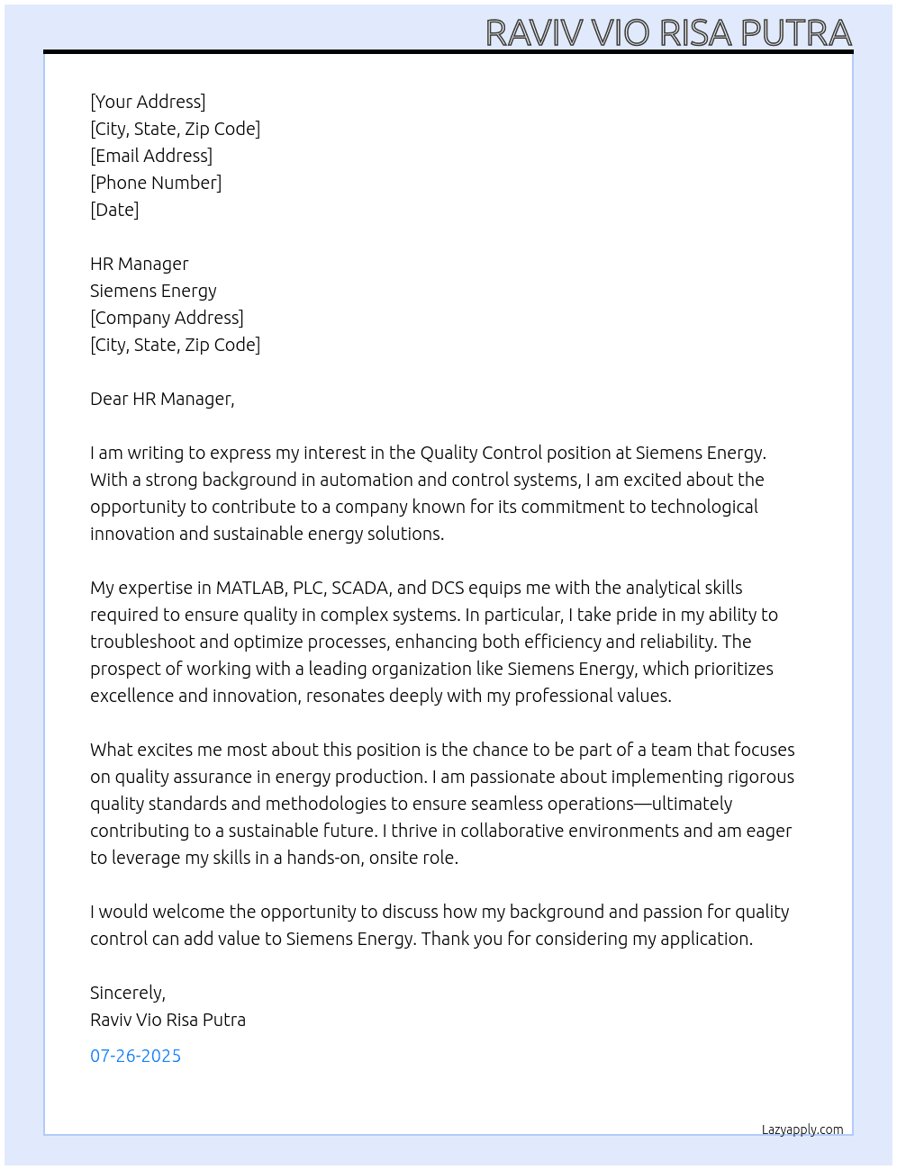 Quality Control At Siemens Energy Cover Letter