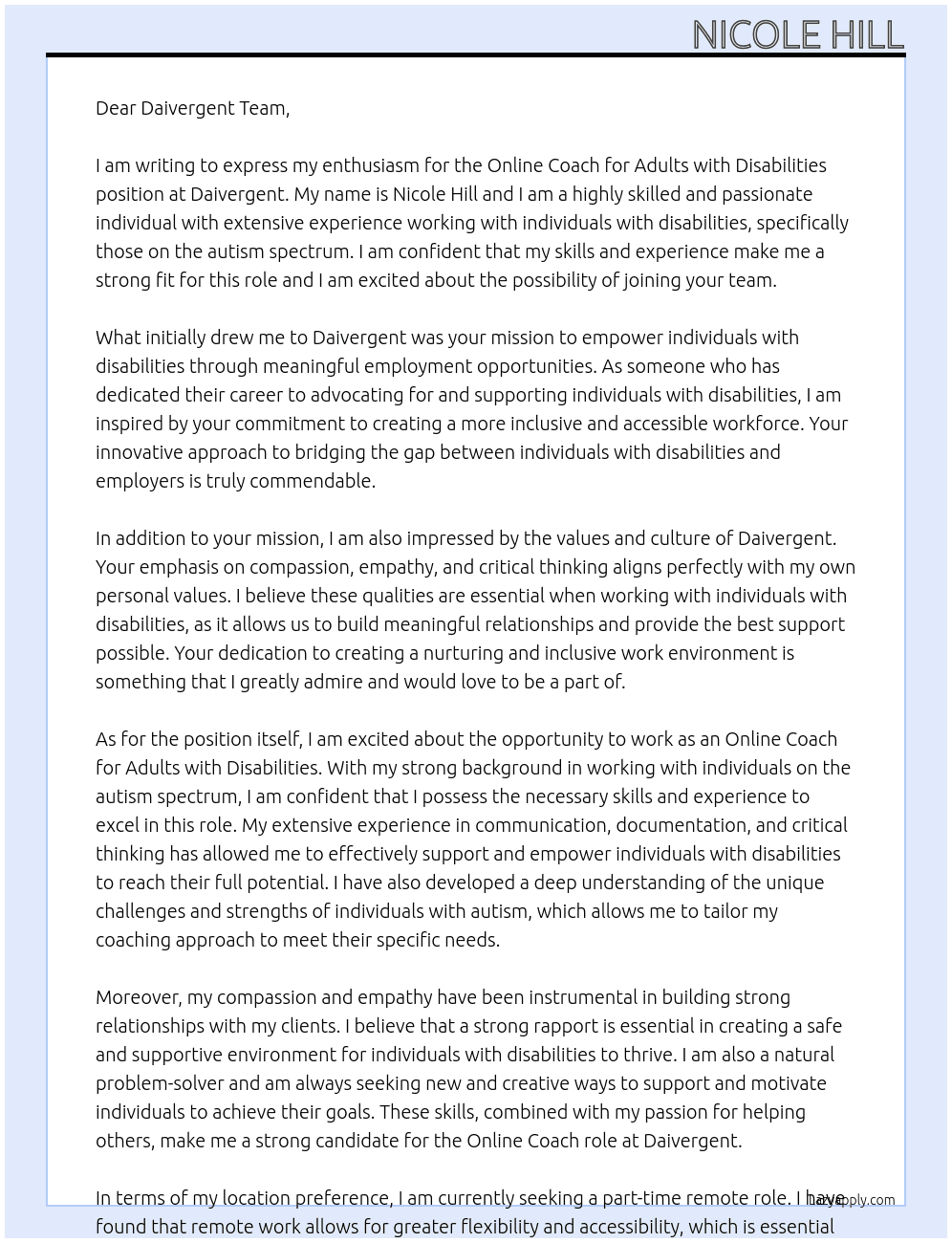 Online Coach for Adults with Disabilities At Daivergent Cover Letter