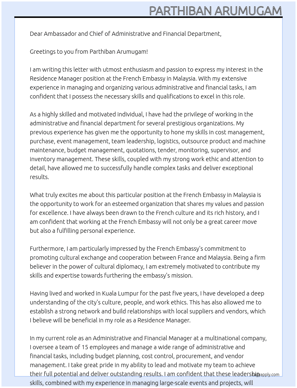 Residence Manager At French Embassy in Malaysia Cover Letter
