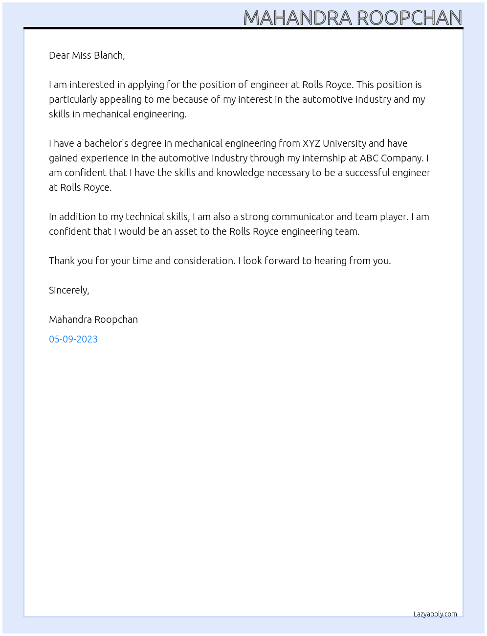 ENGINEER At ROLLS ROYCE  Cover Letter