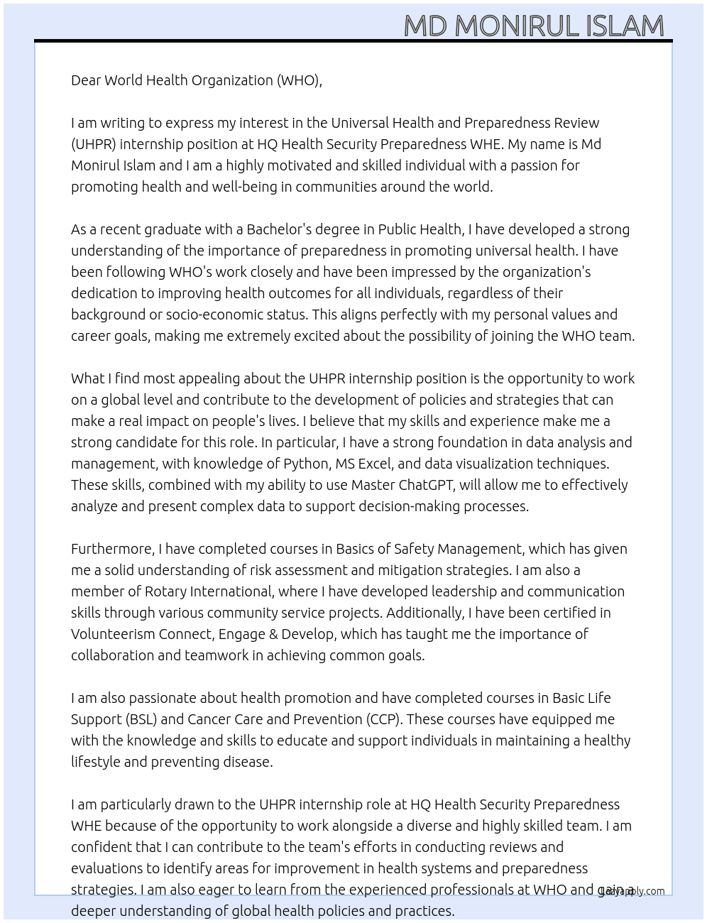 Universal Health and Preparedness Review (UHPR) At HQ Health Security Preparedness WHE Cover Letter