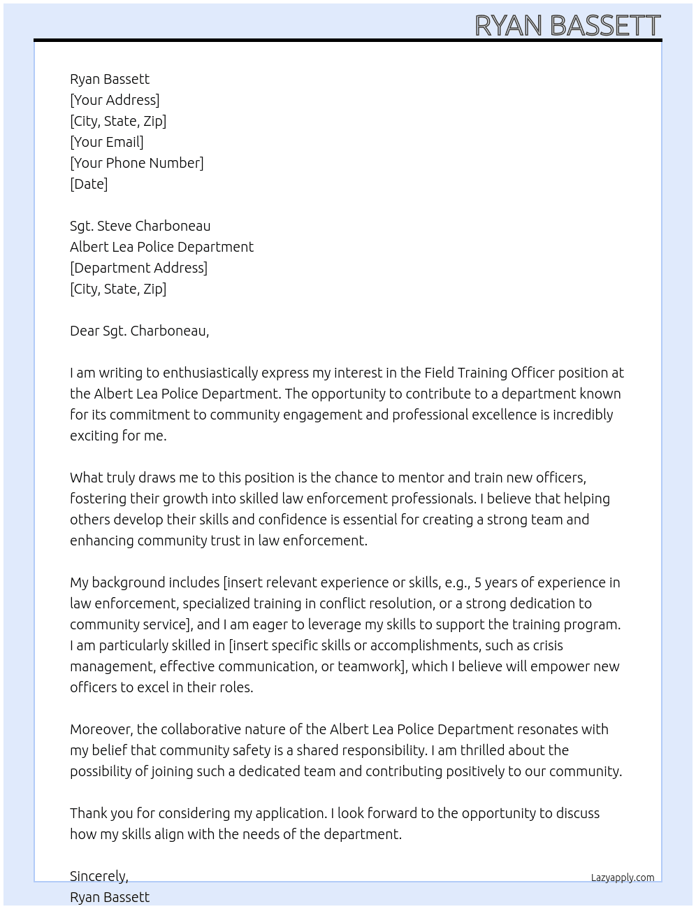 field training officer At Albert Lea Police Department Cover Letter