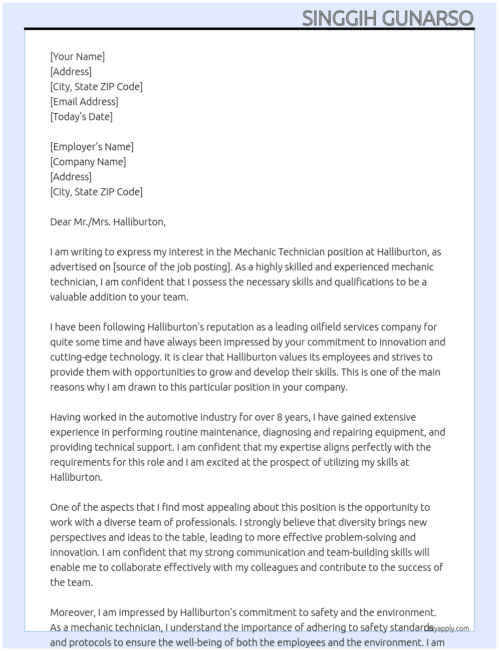Mechanic Technician At Halliburton Cover Letter
