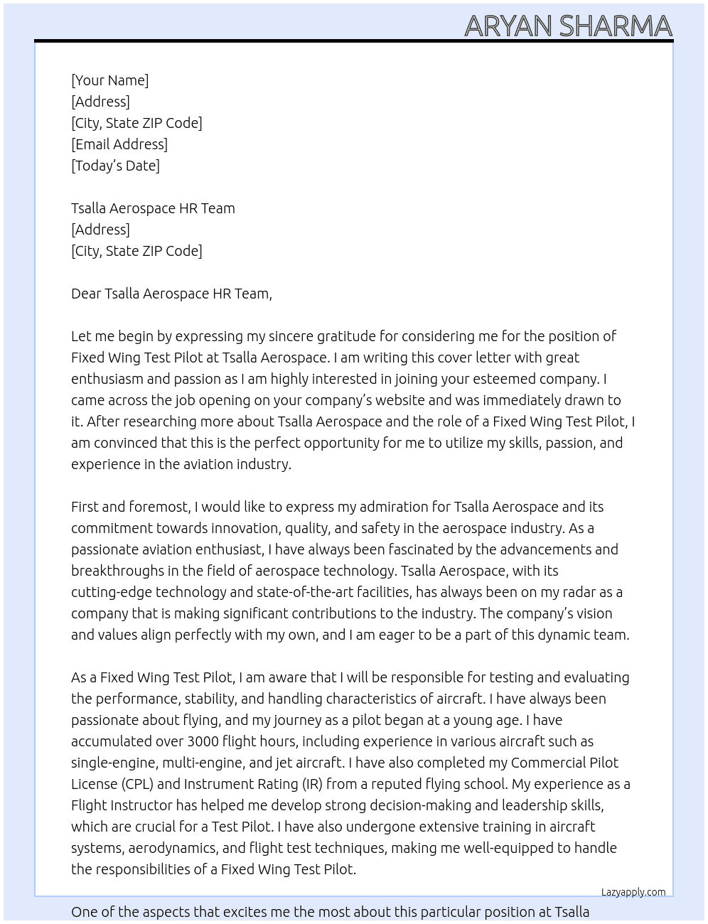 Cover letter for fixed wing test pilot - LazyApply