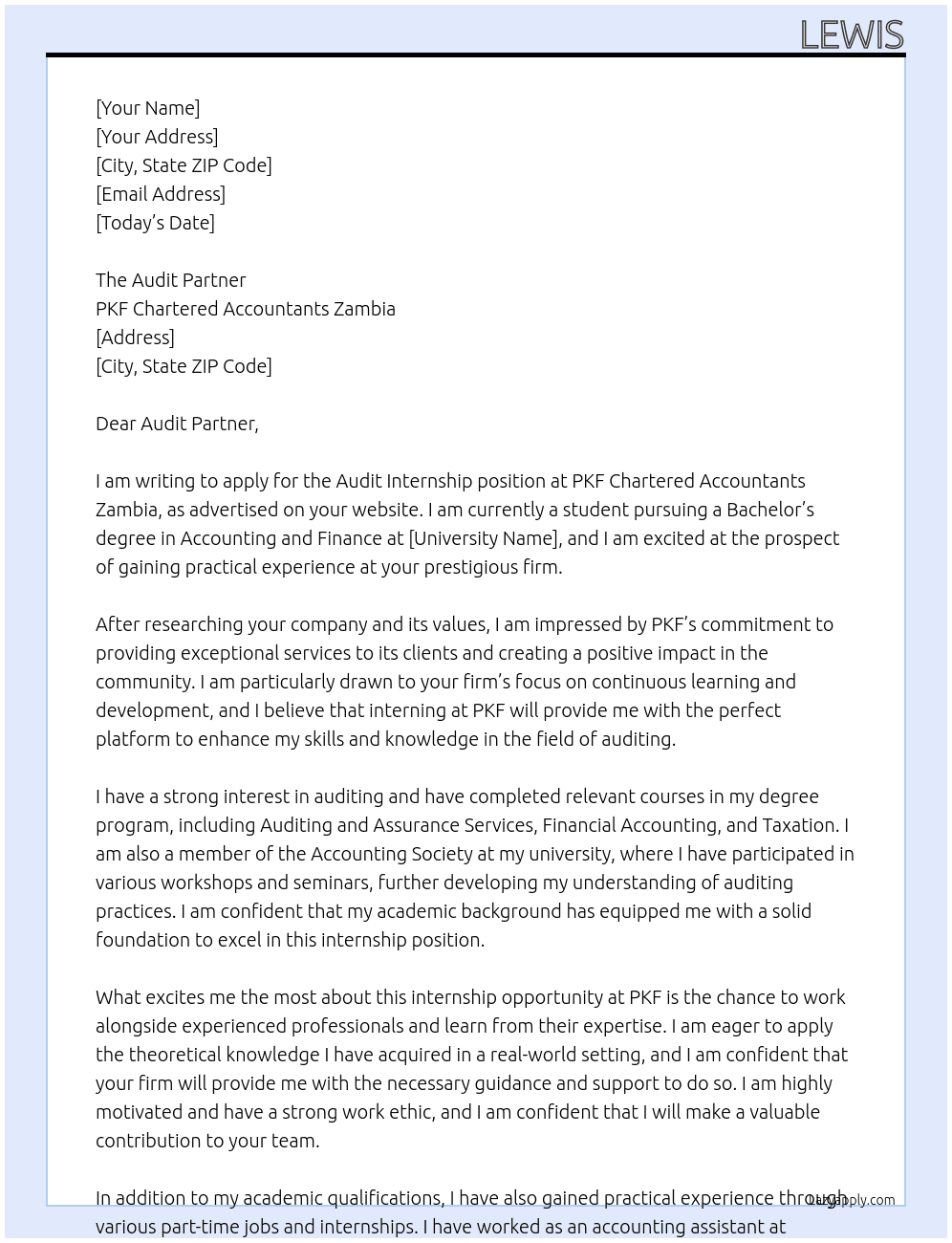 Audit internship  At PKF Chartered Accountants Zambia Cover Letter