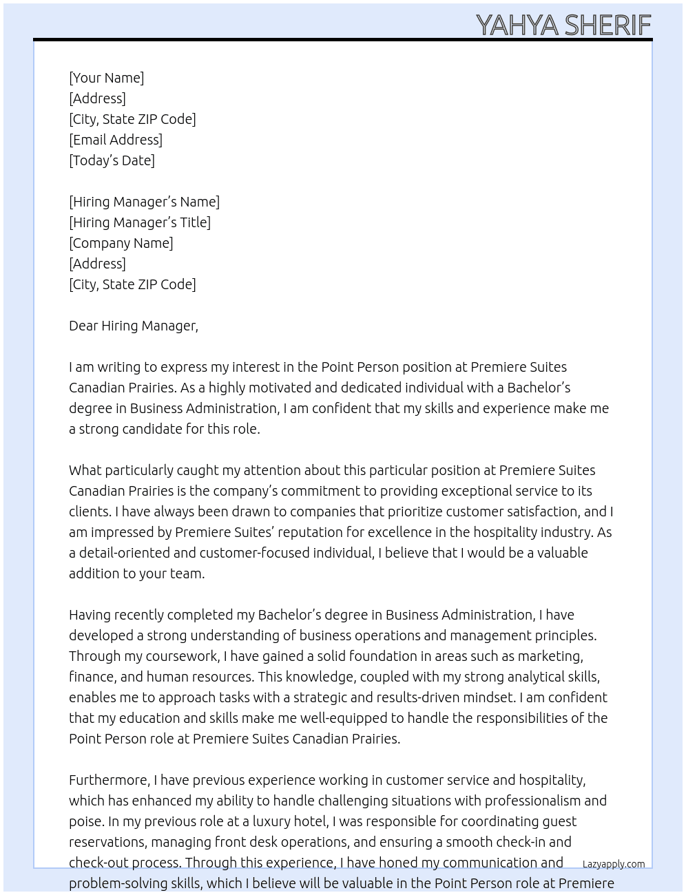 Point Person At Premiere Suites Canadian Prairies Cover Letter