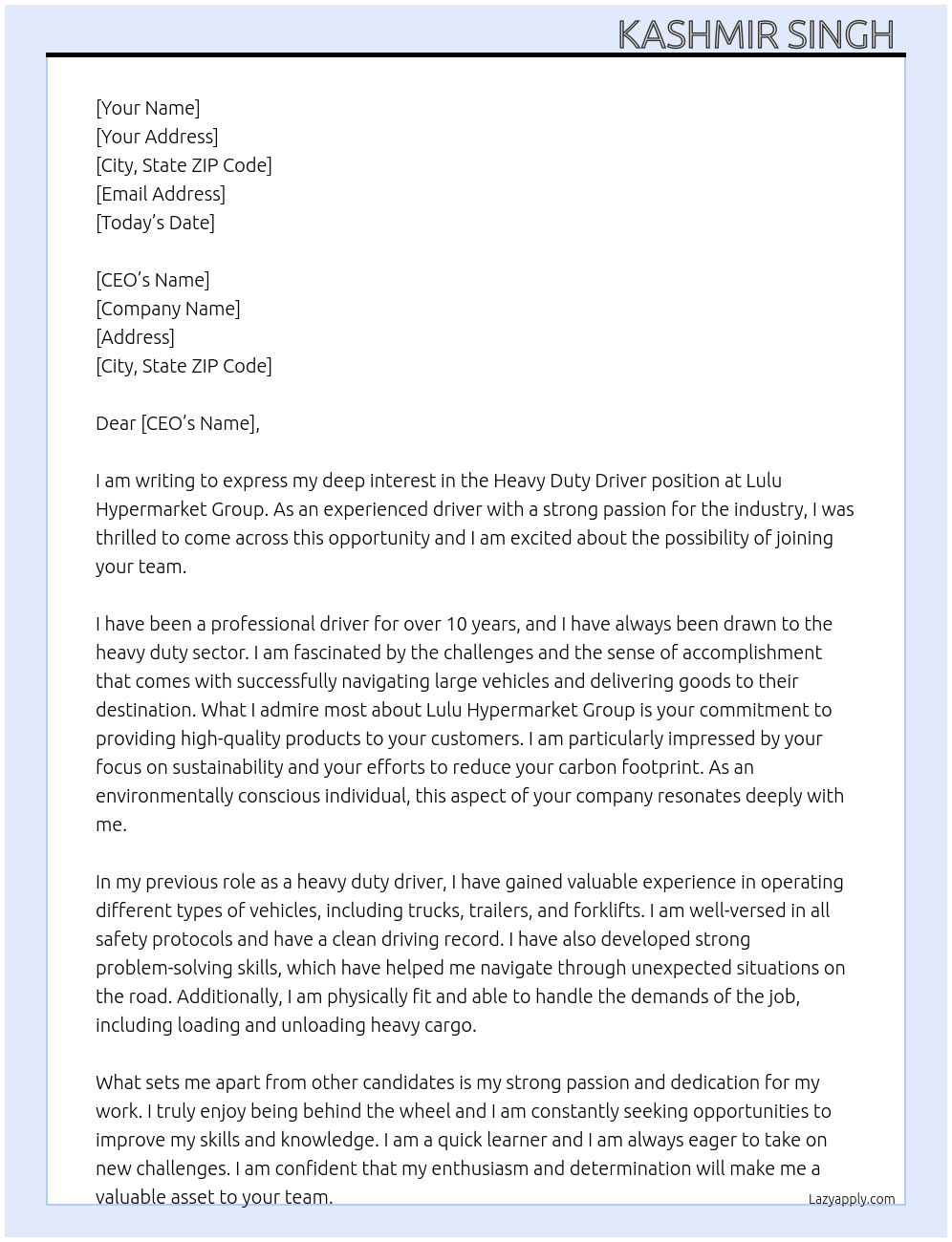 Heavy duty driver  At Lulu Hypermarket Group  Cover Letter