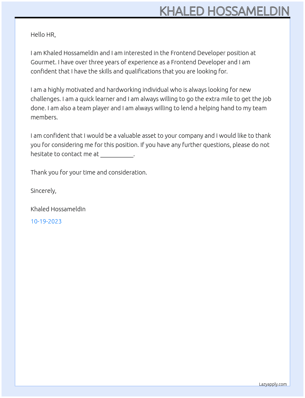 Frontend Developer At Gourmet Cover Letter