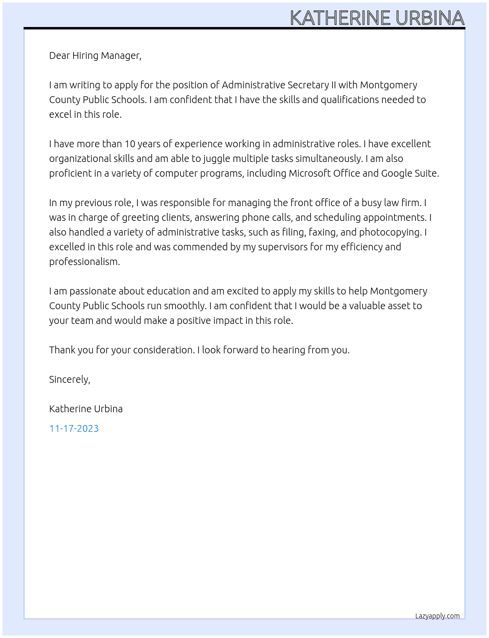 Administrative Secretary II At Montgomery County Public Schools  Cover Letter