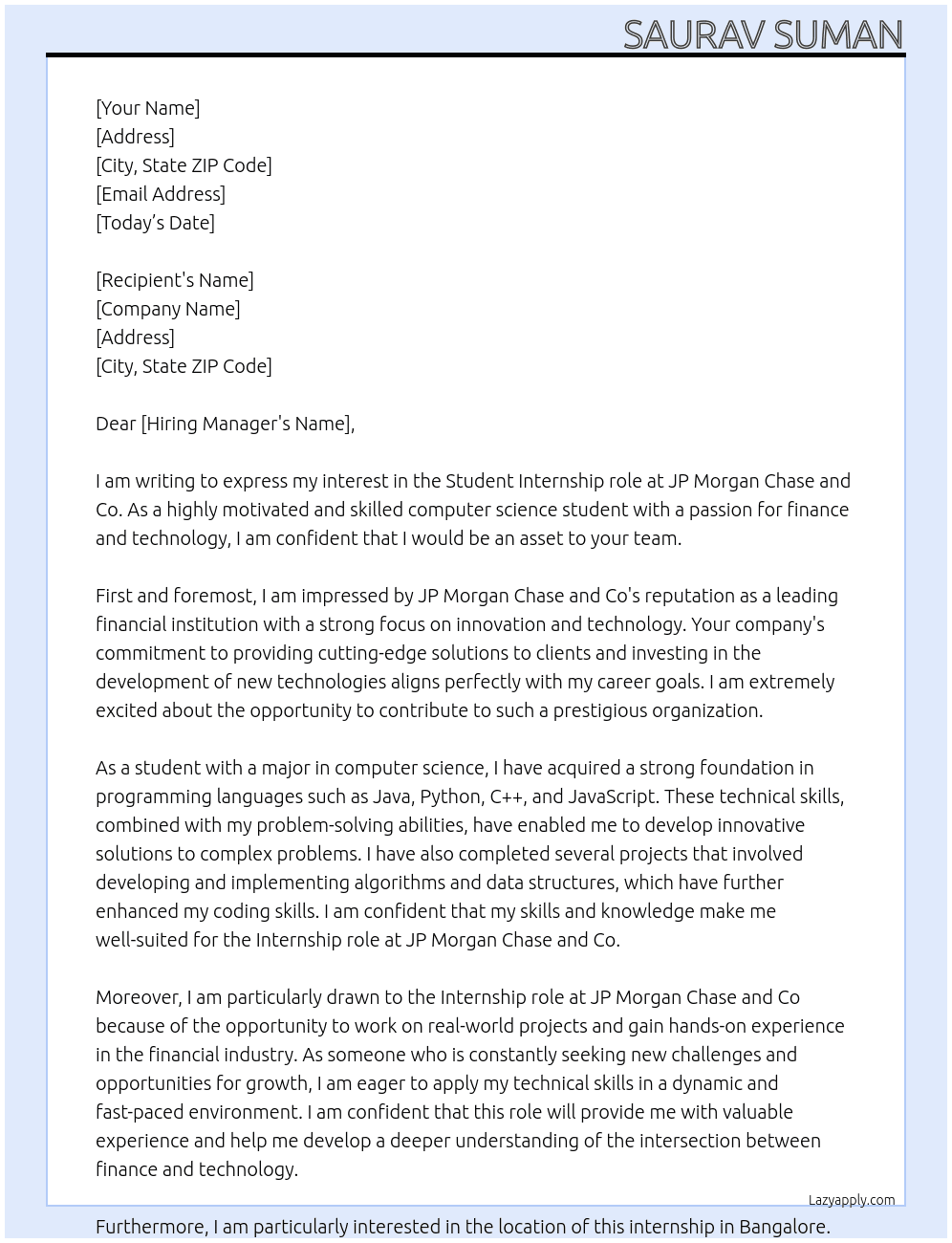 Student At JP MORGAN CHASE AND CO Cover Letter