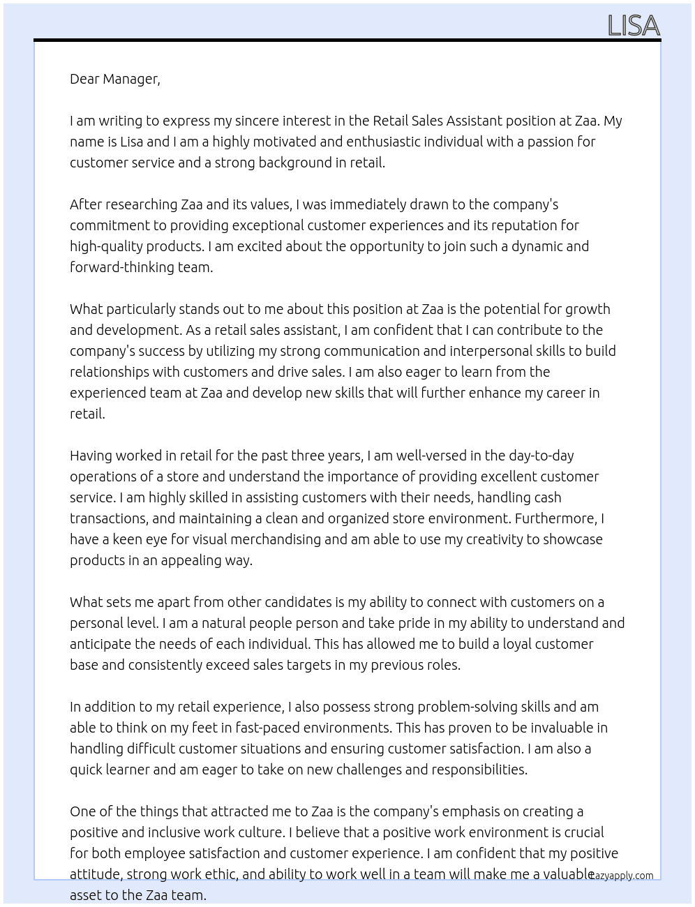retail sales assistant At zaa Cover Letter
