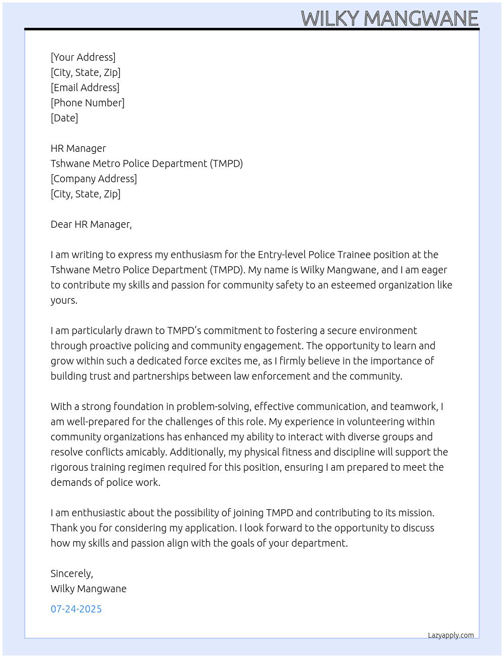 Cover letter for entry-level police trainee - LazyApply