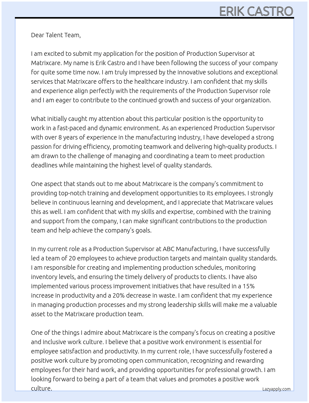 Production Supervisor At Matrixcare Cover Letter