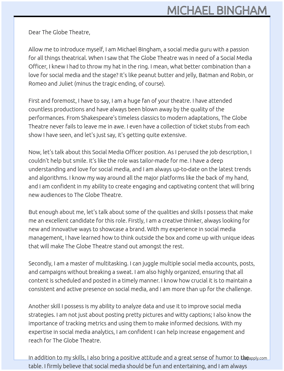 Social Media Officer At The Globe Theatre  Cover Letter