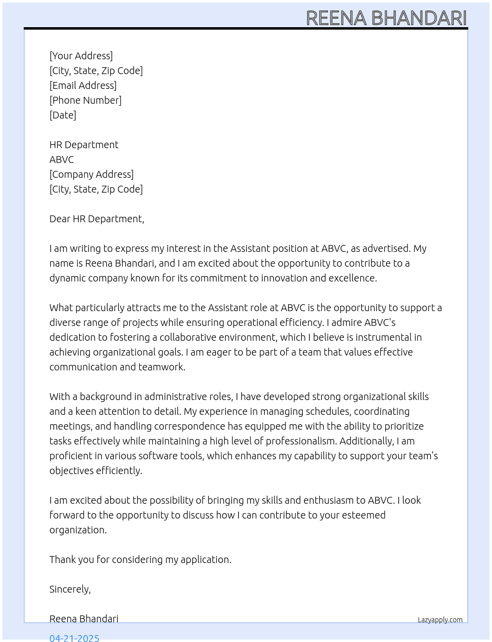 ASSISTANT At abvc Cover Letter