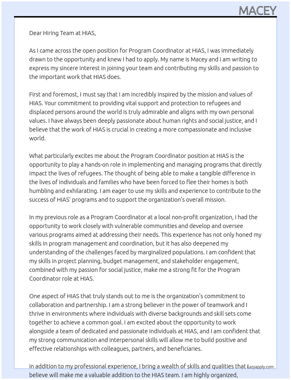Program Coordinator At HIAS Cover Letter
