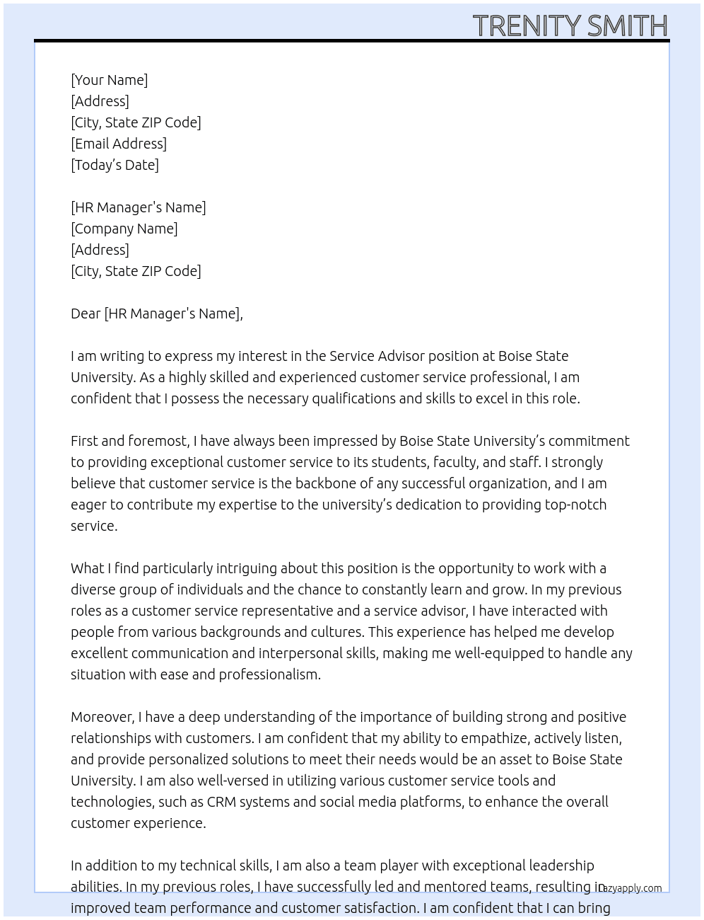 Service Advisor At Boise State University  Cover Letter