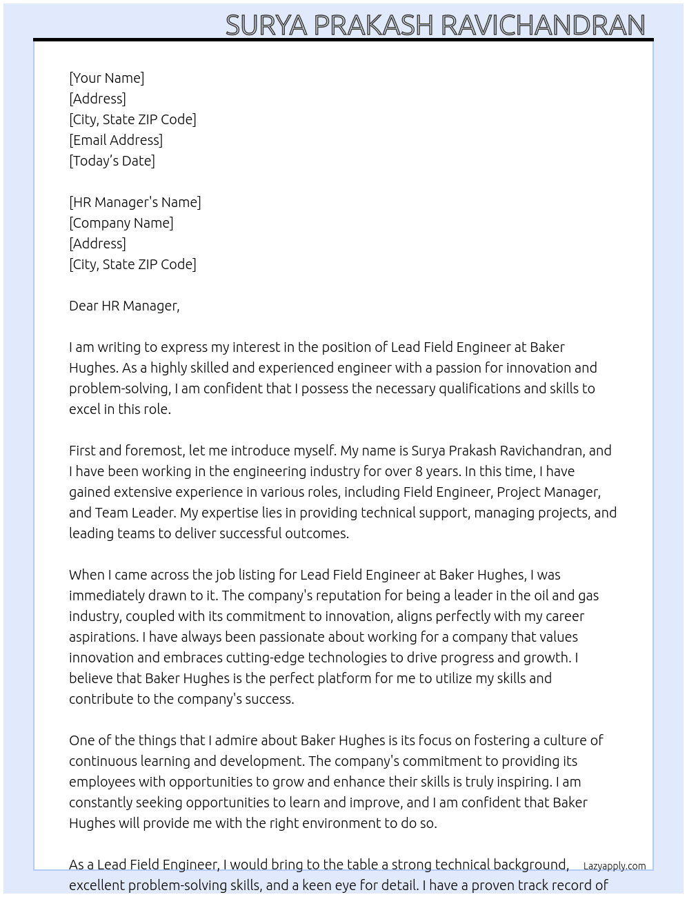 LEAD FIELD ENGINEER  At BAKER HUGES Cover Letter
