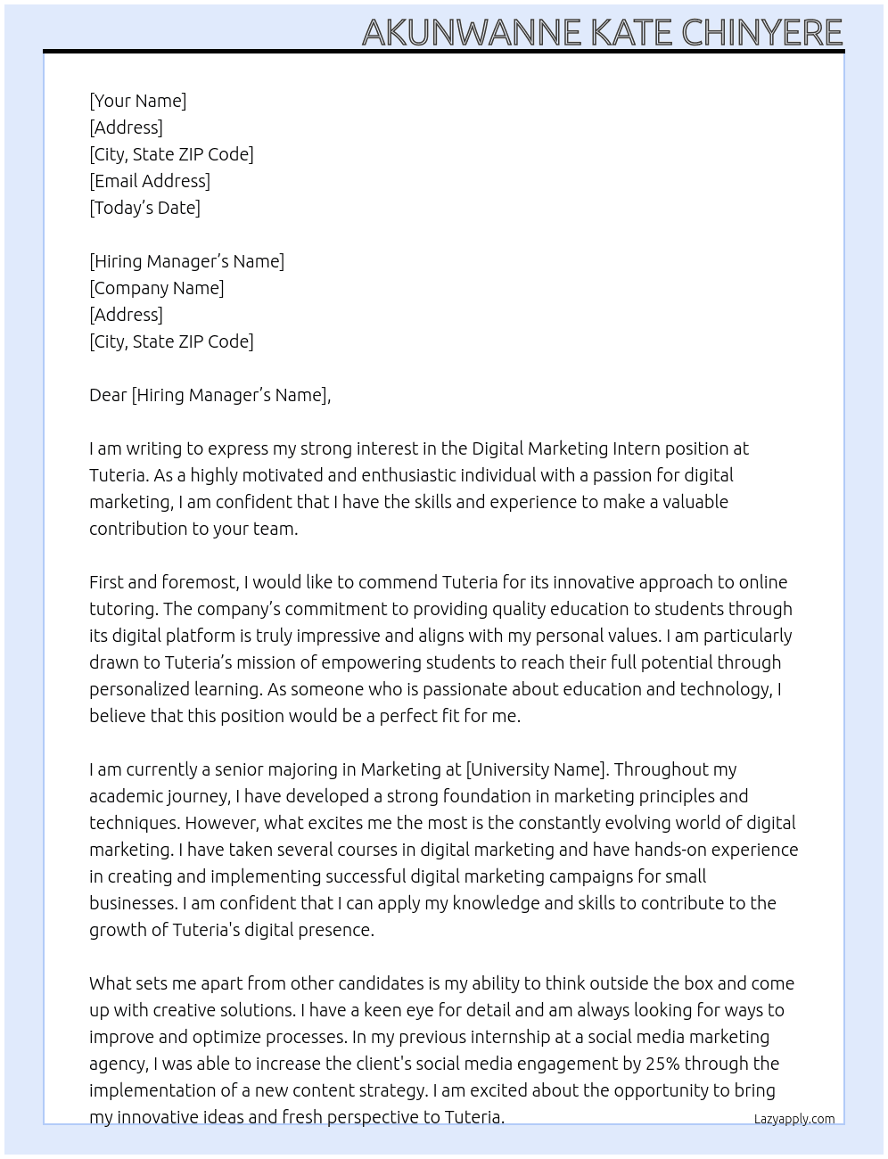 Digital marketing intern At Tuteria Cover Letter