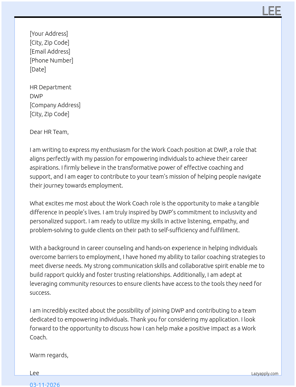 Work Coach At DWP Cover Letter