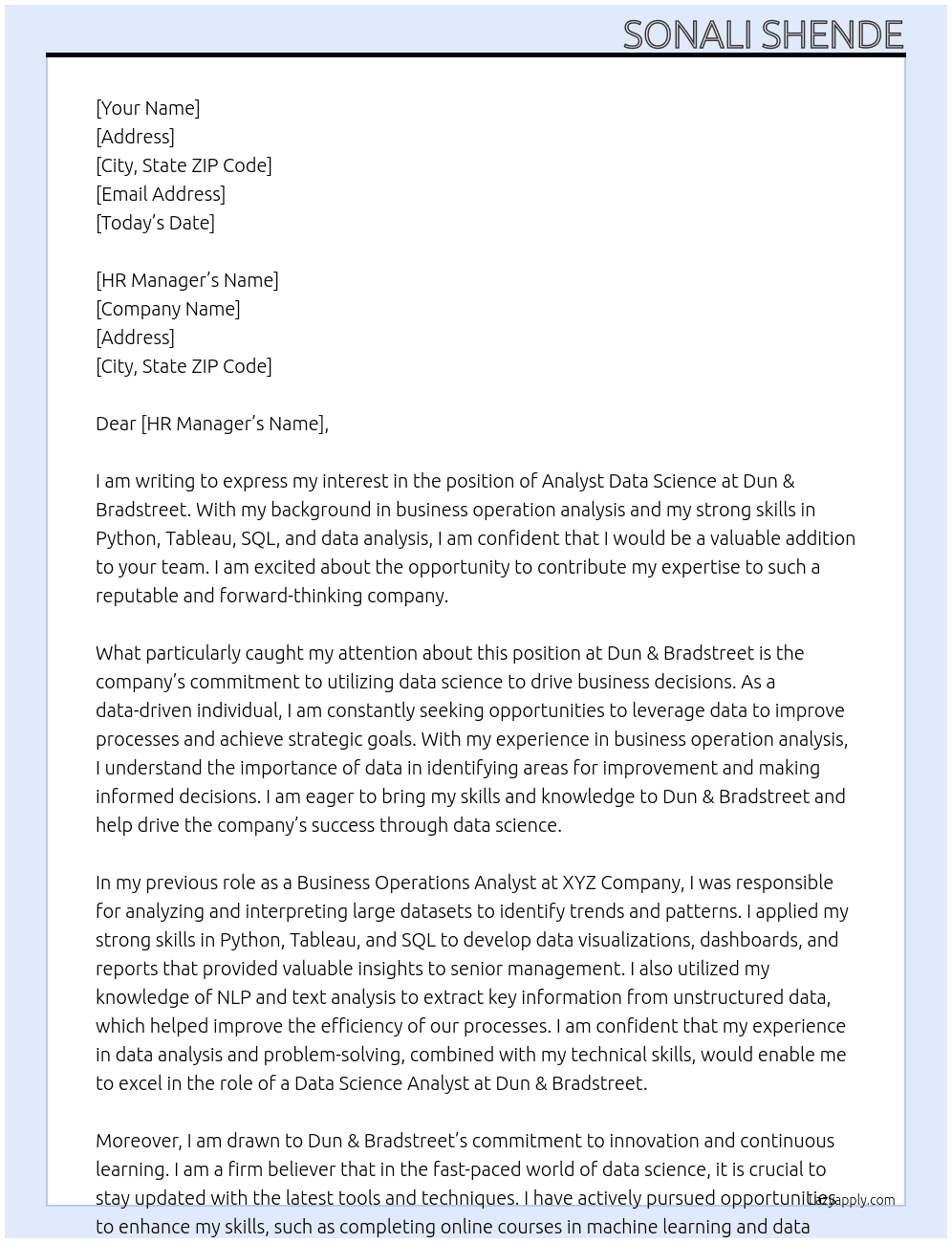 analyst data science At dun & Bradstreet Cover Letter