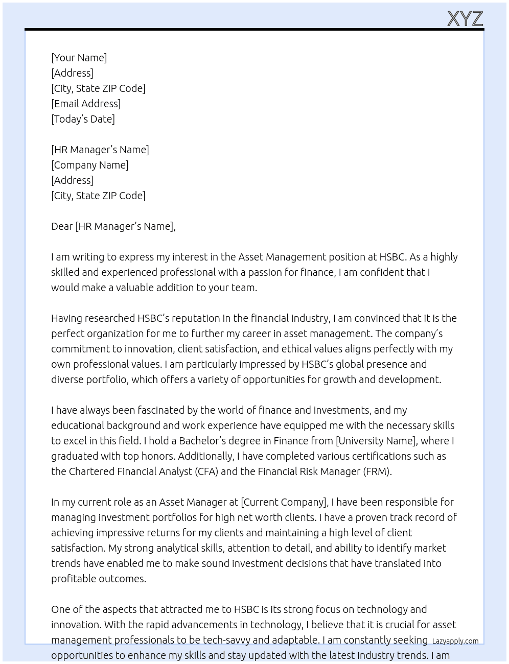 Asset Management At HSBC Cover Letter