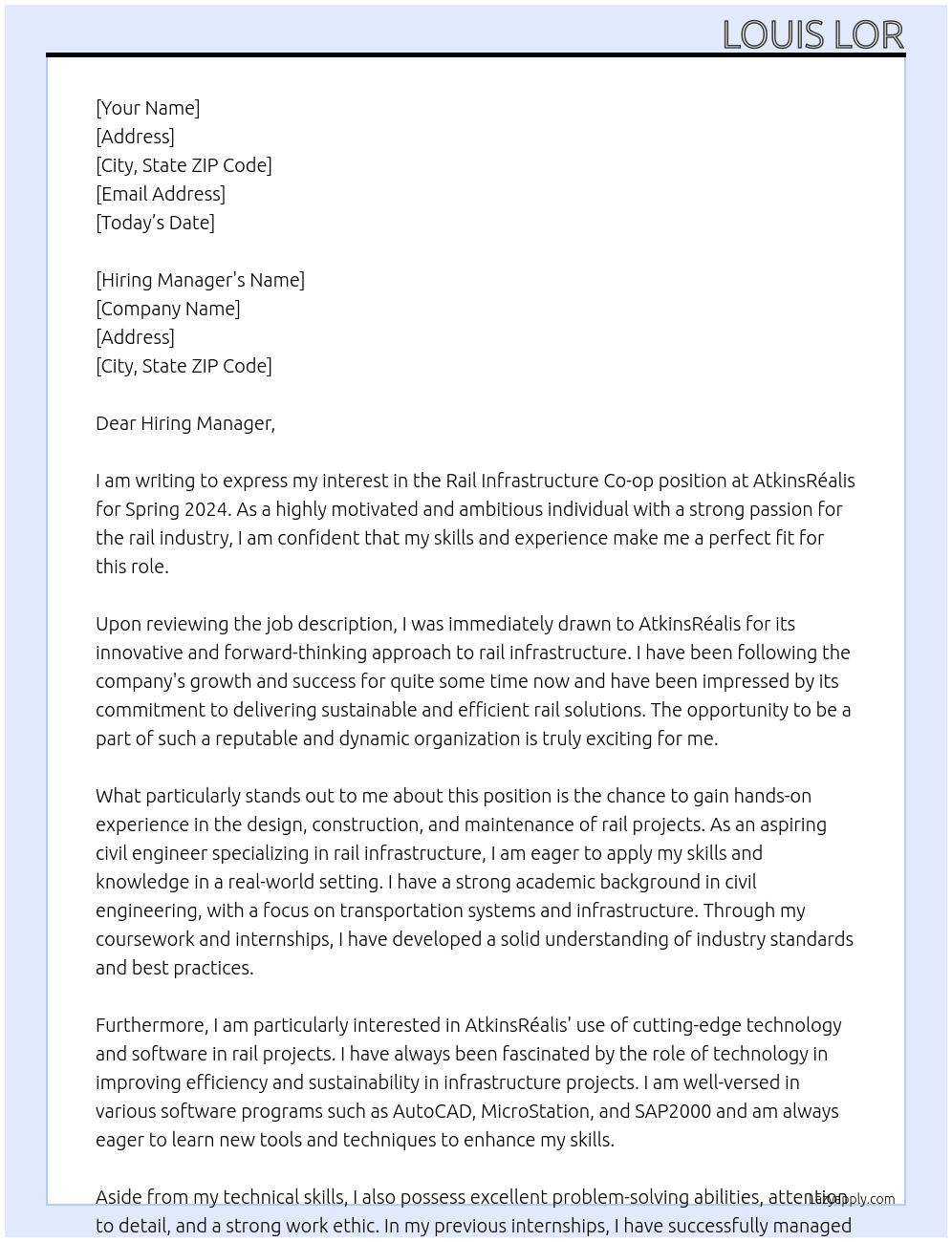 Rail Infrastructure Co-op - Spring 2024 At AtkinsRéalis Cover Letter