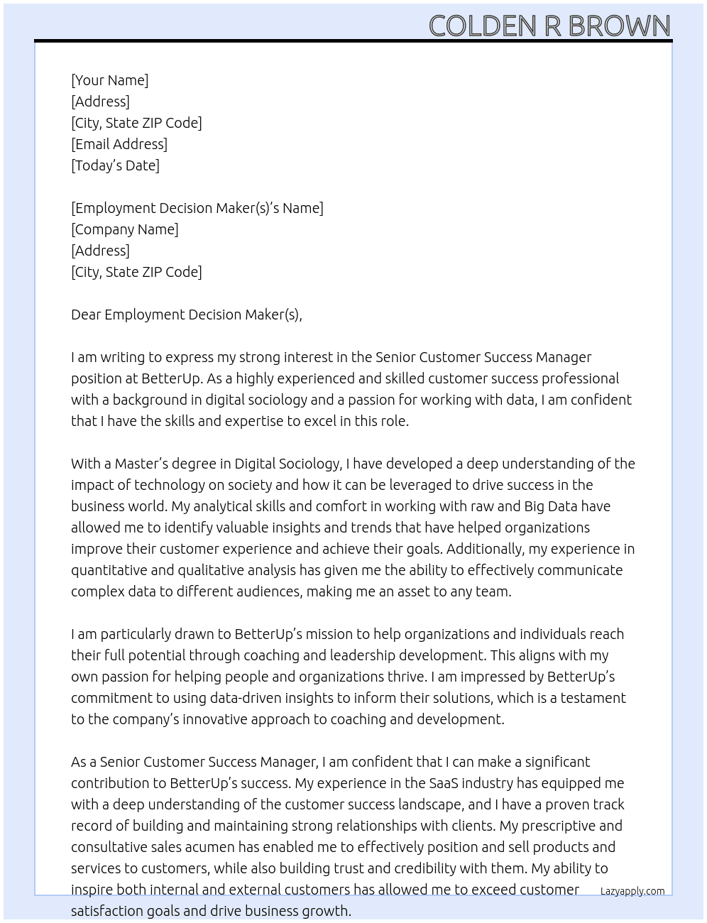 Senior Customer Success Manager, Government At BetterUp Cover Letter
