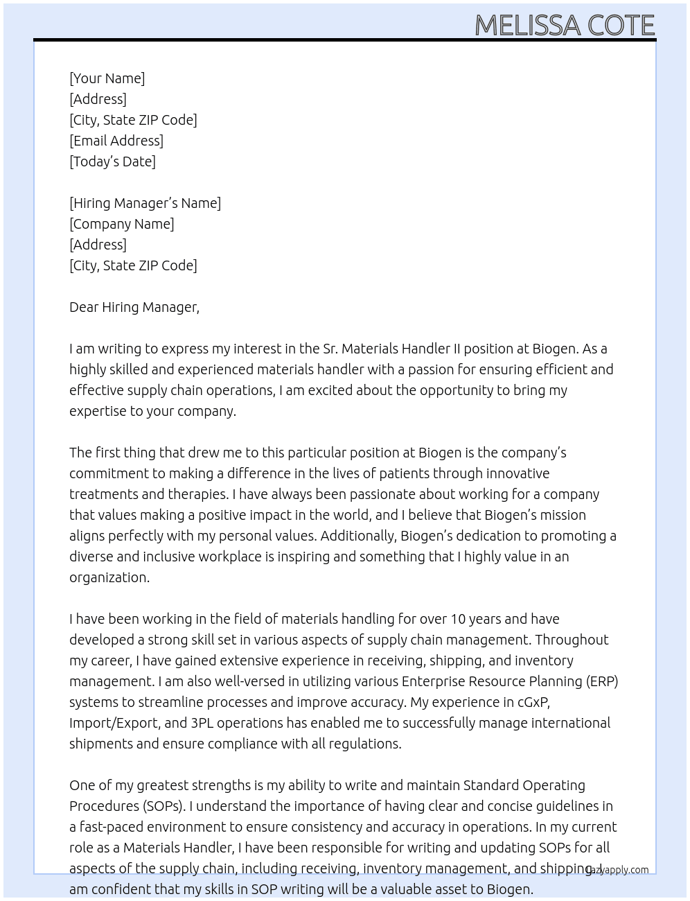 Sr. Materials Handler II At Biogen Cover Letter