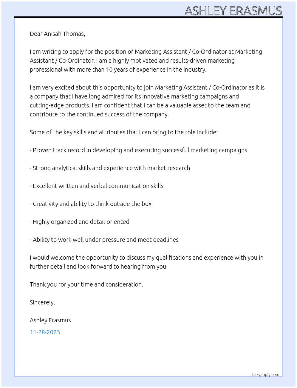Marketing Assistant / Co-Ordinator At Marketing Assistant / Co-Ordinator Cover Letter