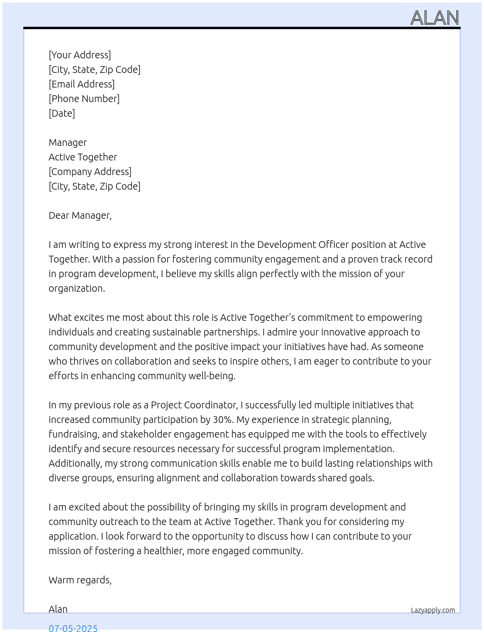 Development Officer At Active Together Cover Letter