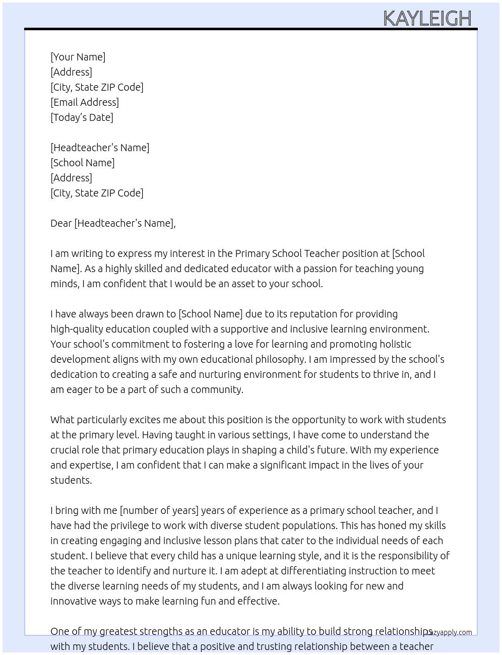 Primary School Teacher At School Cover Letter