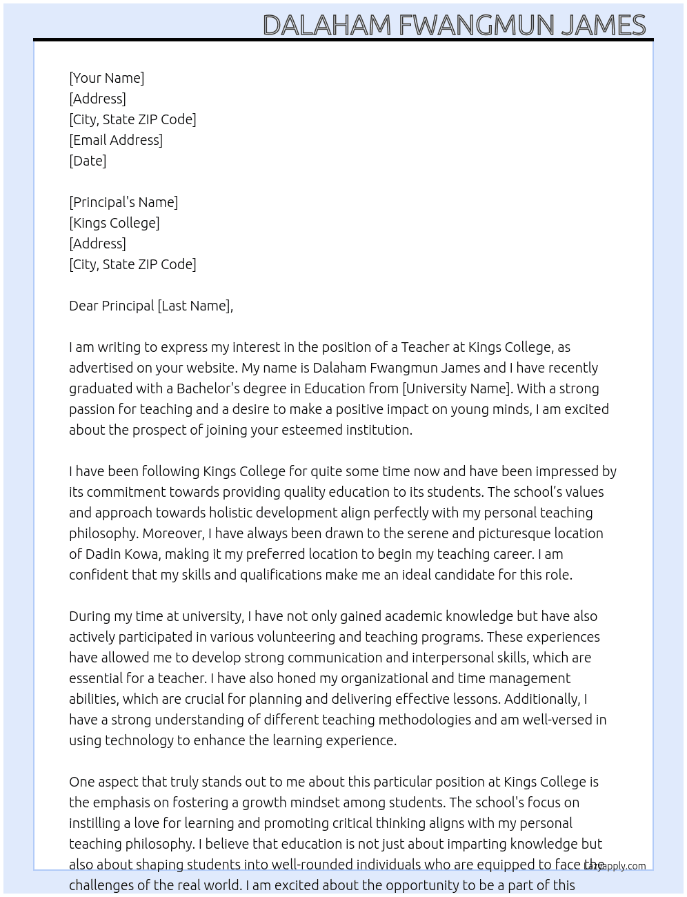 Teacher At Kings college  Cover Letter