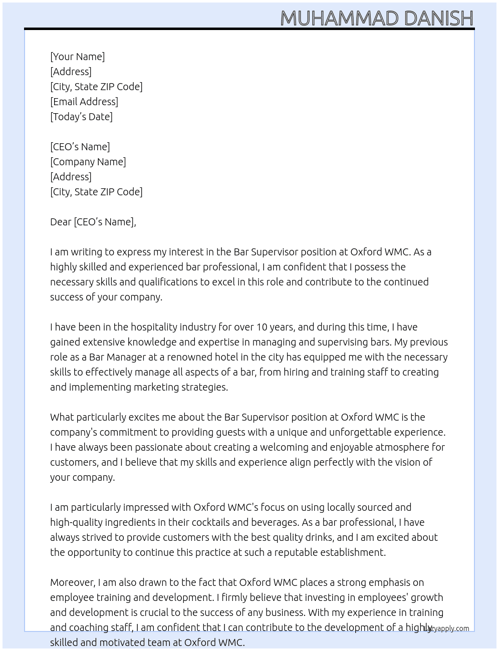 Bar Supervisor At Oxford WMC Cover Letter