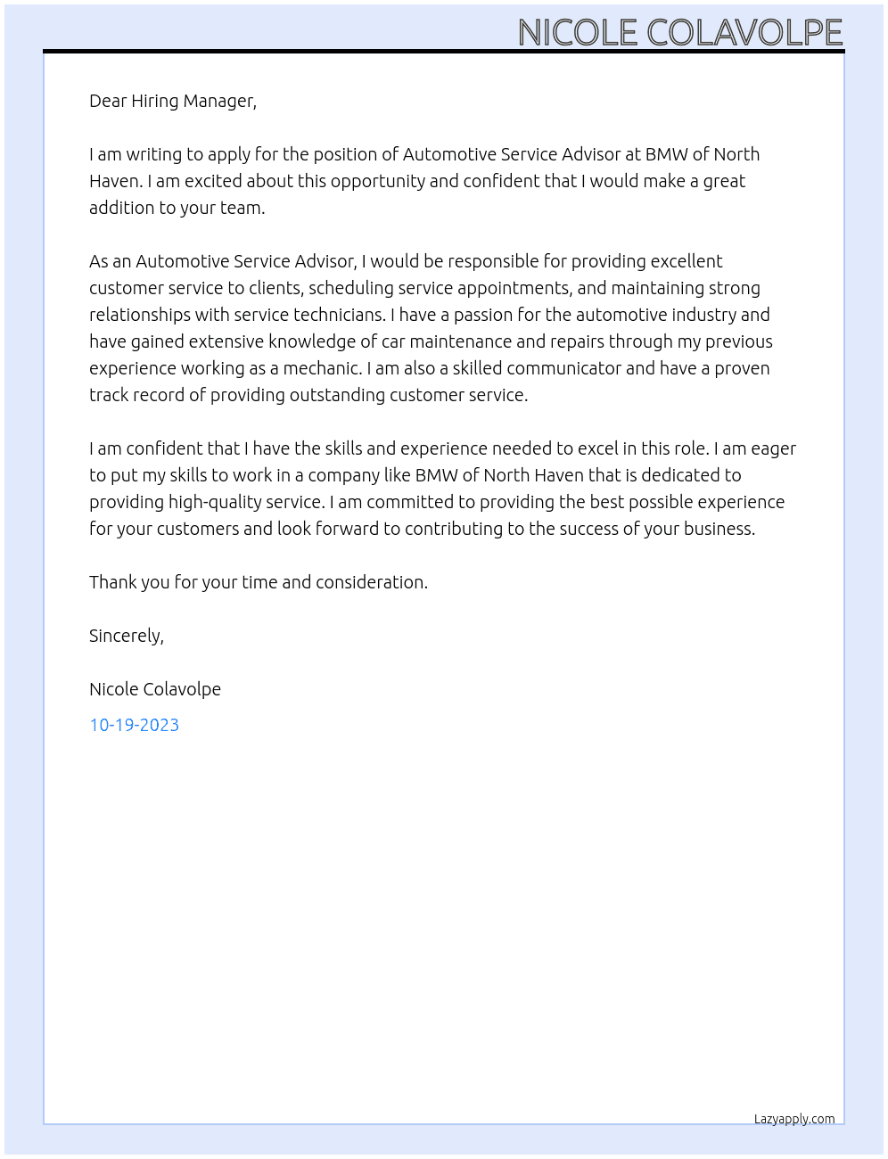 Automotive Service Advisor  At BMW of North Haven  Cover Letter