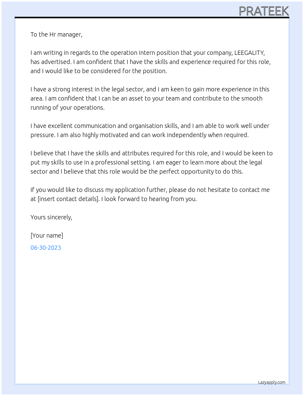 Operation intern  At LEEGALITY Cover Letter