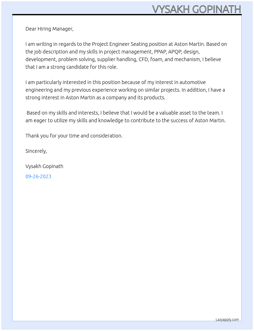 Project Engineer Seating At Aston Martin Cover Letter