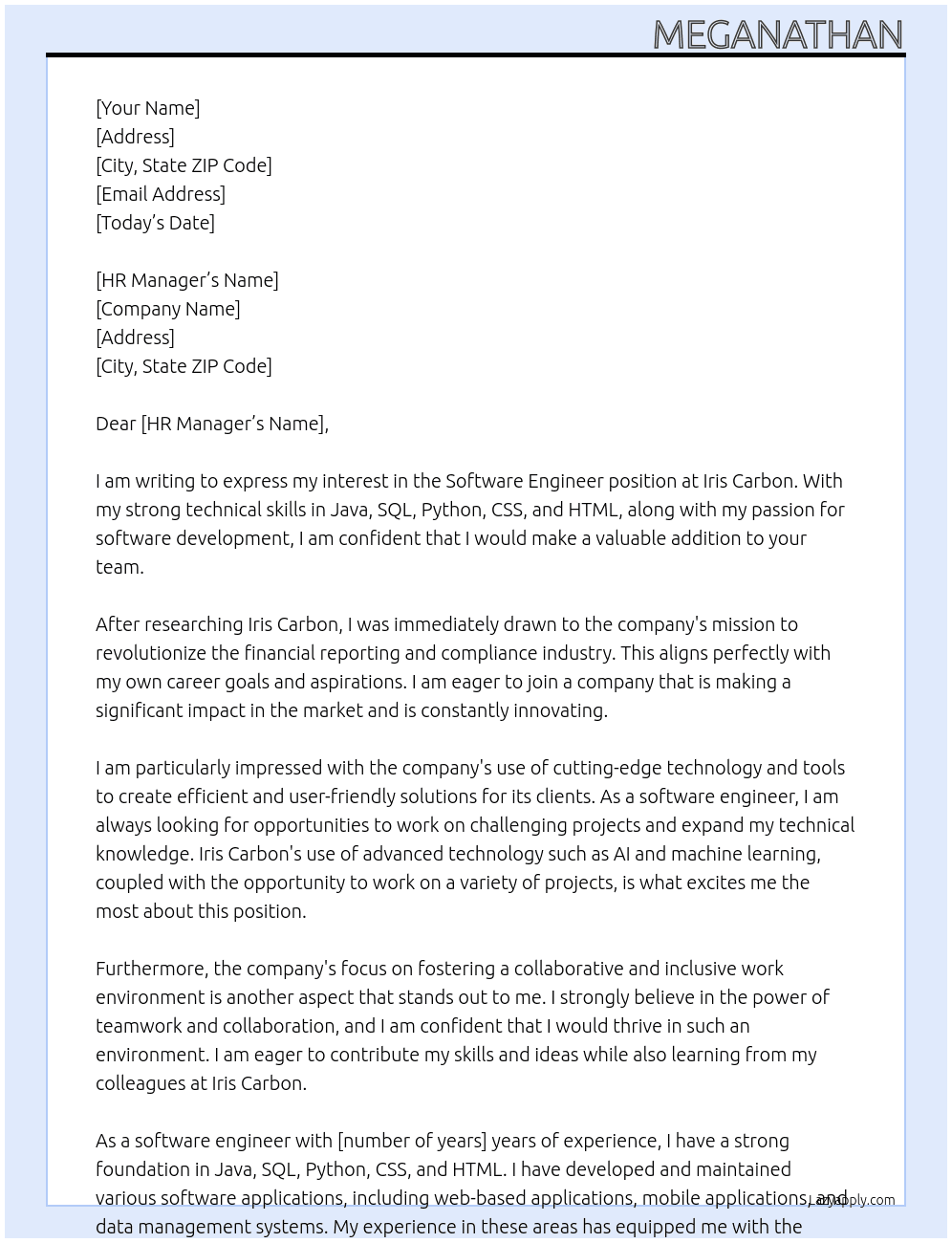 Software engineer At Iris Carbon Cover Letter