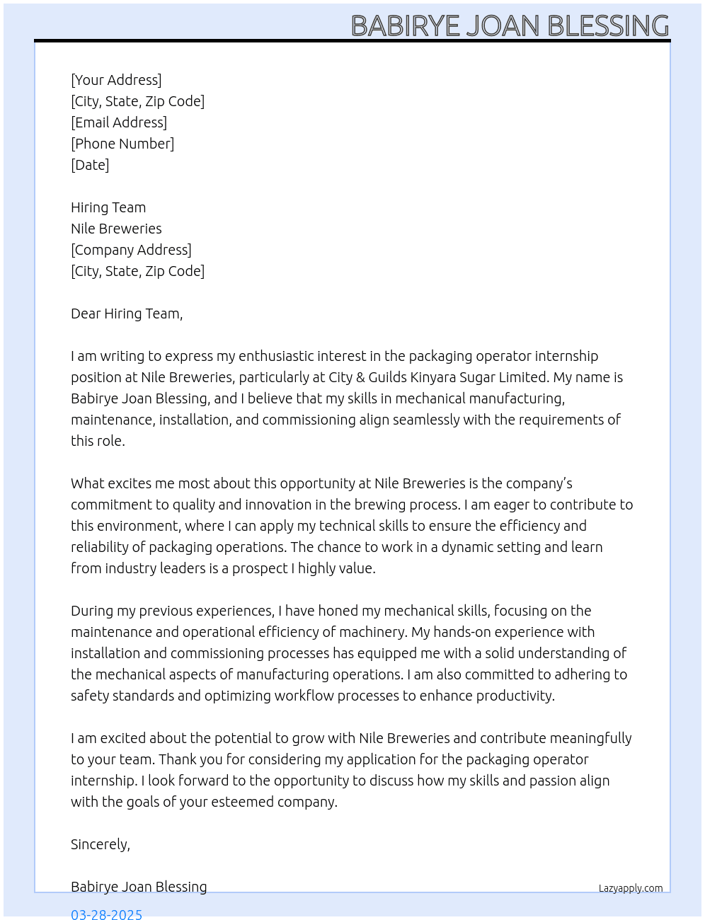 Packaging operator At Nile Breweries  Cover Letter