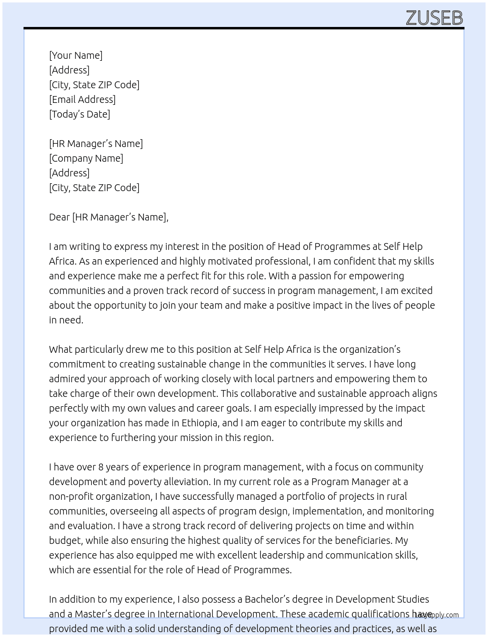 Head of Programmes At Self Help Africa Cover Letter